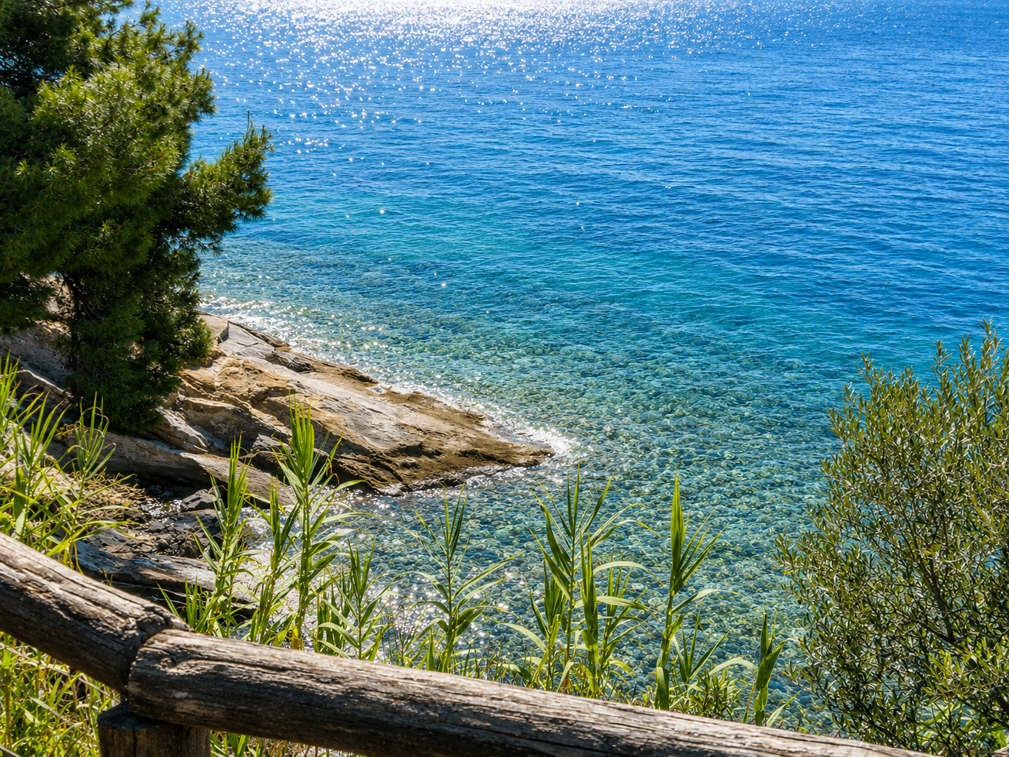 Rocky shoreline and clear blue water below the studio
